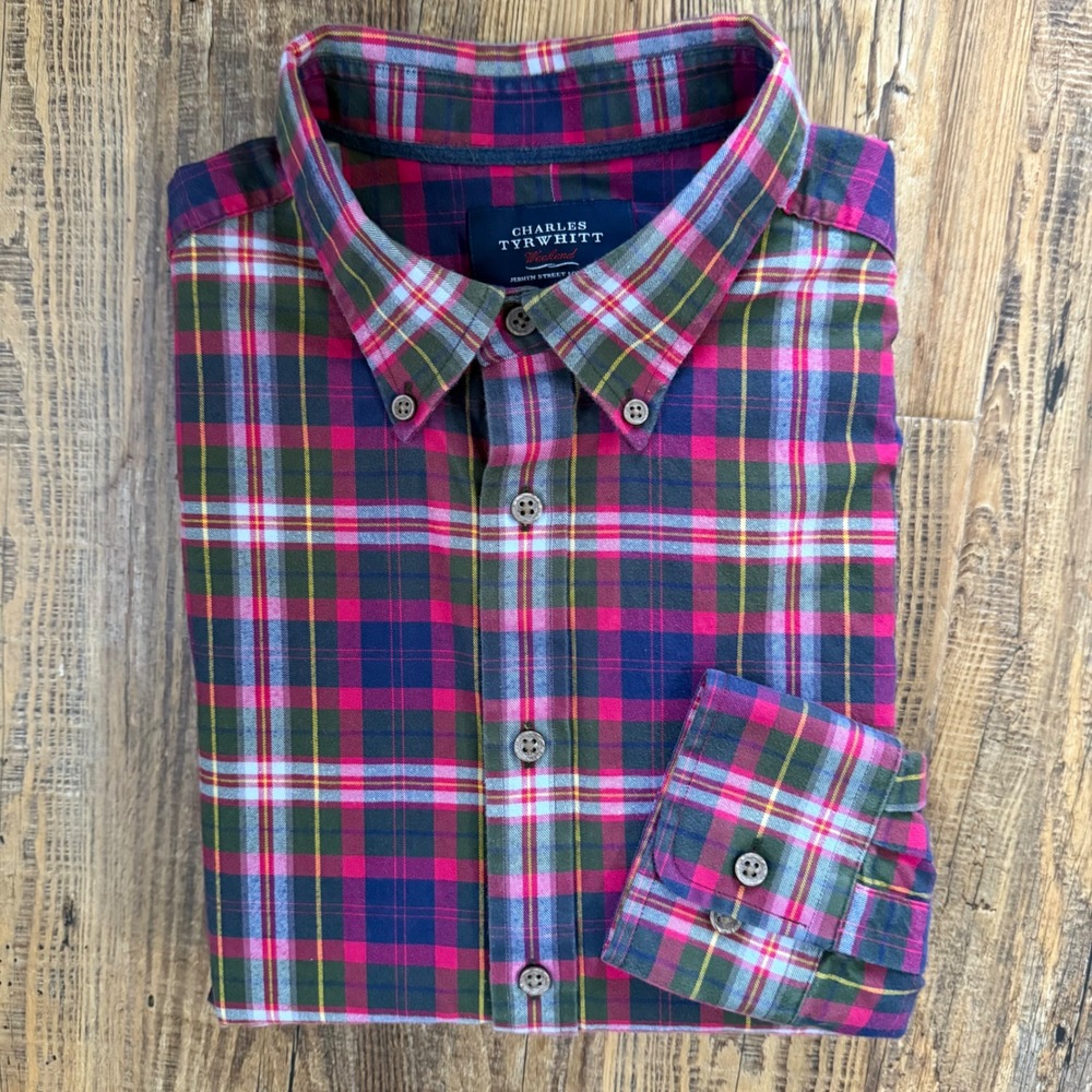 Charles Tyrwhitt Button Down Plaid Shirt L Weekend Brush Flannel Classic Fi
